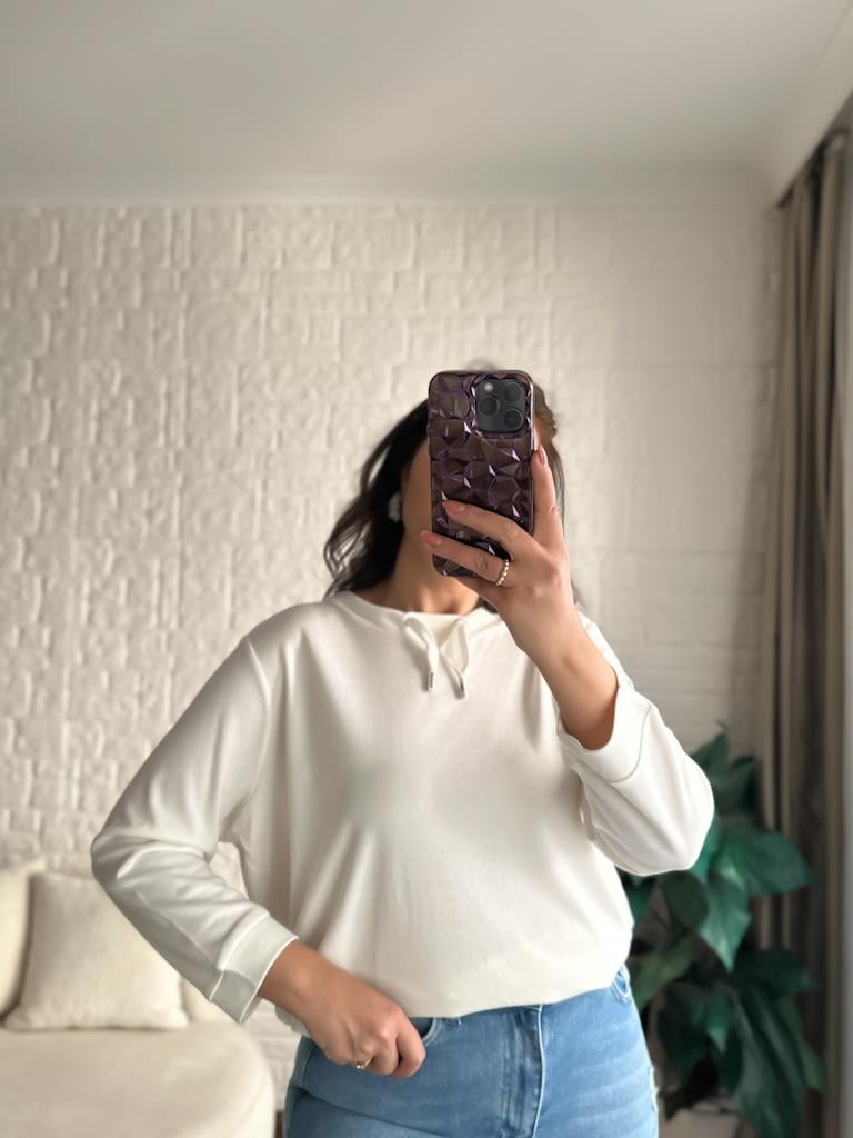 Geniş Yaka İpli Basic Tok Penye Bluz Ekru