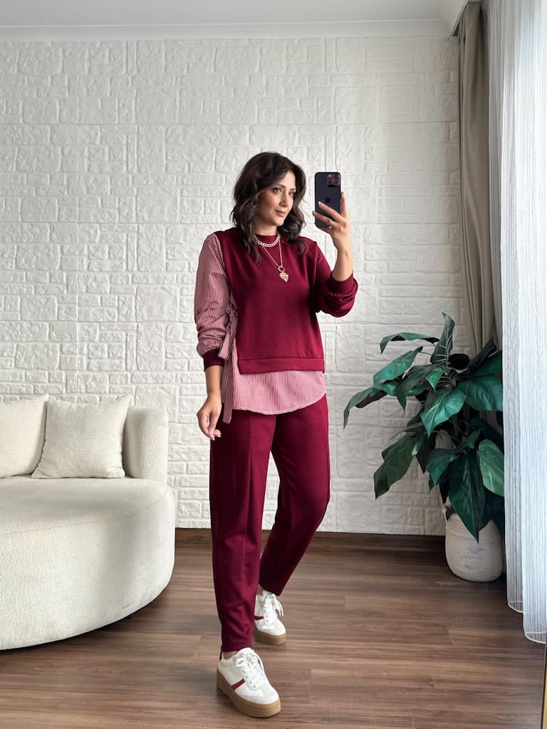 Gömlek Garnili Yan Bağlama Detaylı Modal Takım Bordo