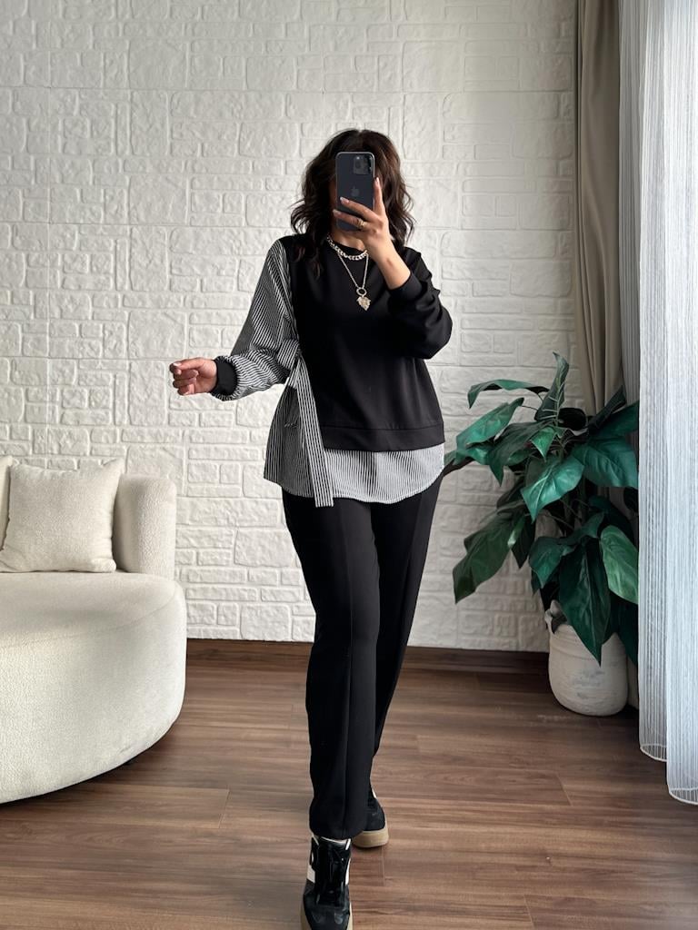 Gömlek Garnili Yan Bağlama Detaylı Modal Takım Siyah