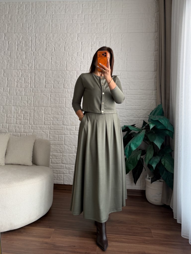 Haki Modal Etekli Atletli Üçlü Takım