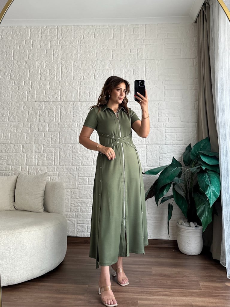 Haki Yeşil Fermuarlı Kuşgözü Model Modal Elbise