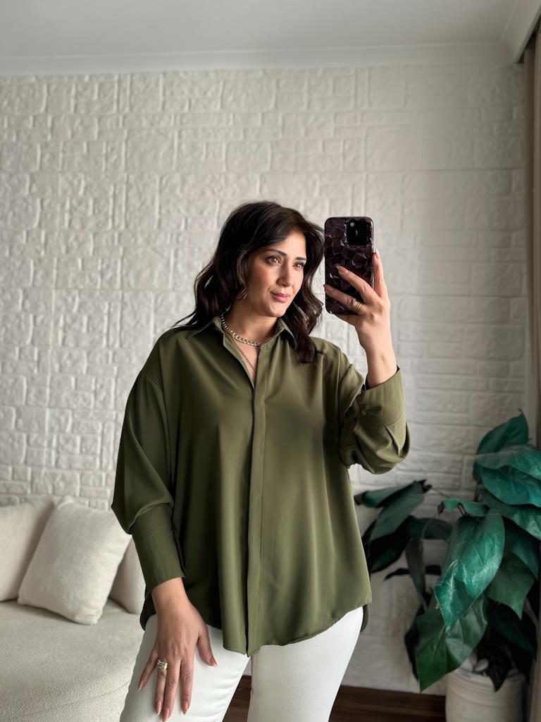 Haki Yeşil  Over Size İpek Krep Gömlek