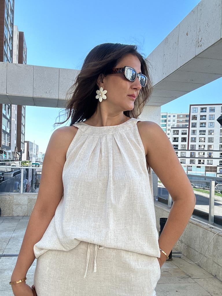 Halter Yaka Ham Keten Rahat Kalıp Bluz