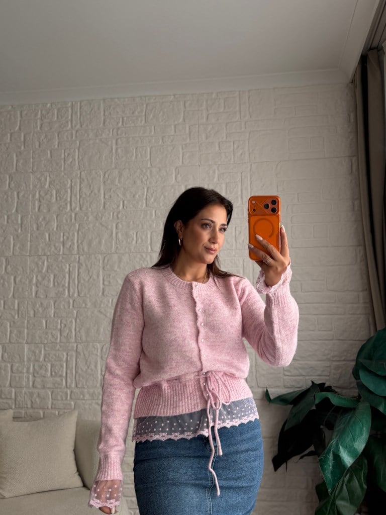 İnci Düğmeli Dantelli Hırka Pembe