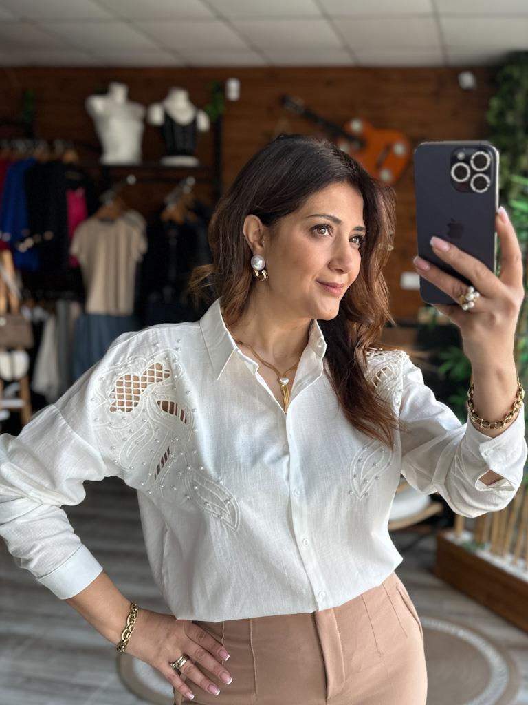 İnci Nakış İşleme Keten Gömlek Beyaz