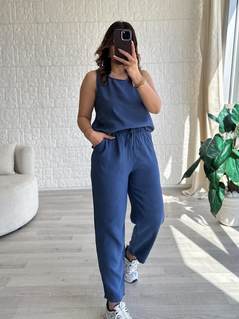 İndigo mavi tensel kumaş geniş yaka ikili takım