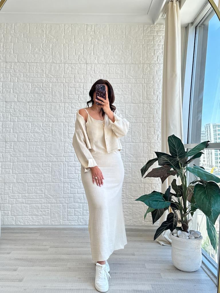 İp Askılı Elbise Gömlek Takım Bej