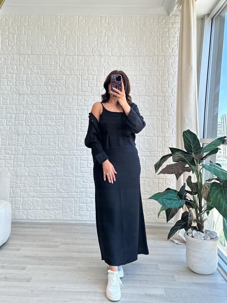 İp Askılı Elbise Gömlek Takım Siyah