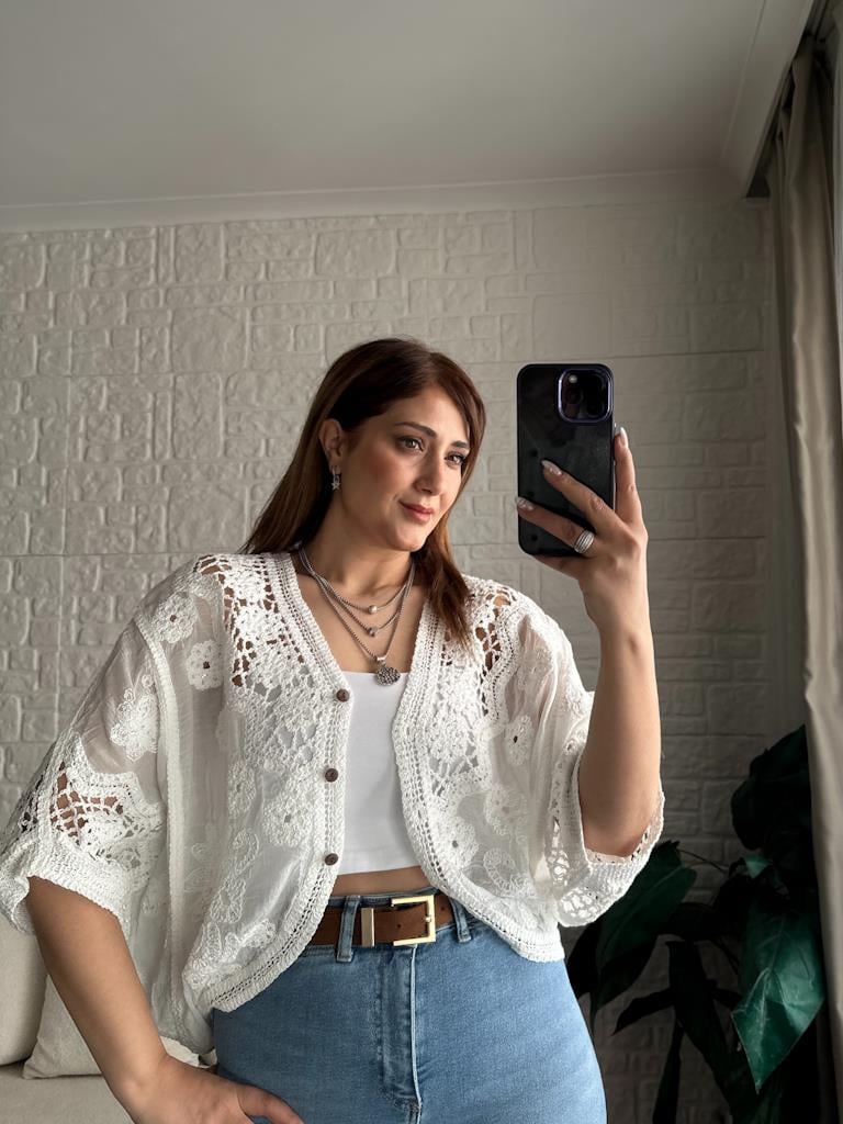 İtalyan Yarasa Kol Over Size Keten Nakış Payetli Hırka Bluz