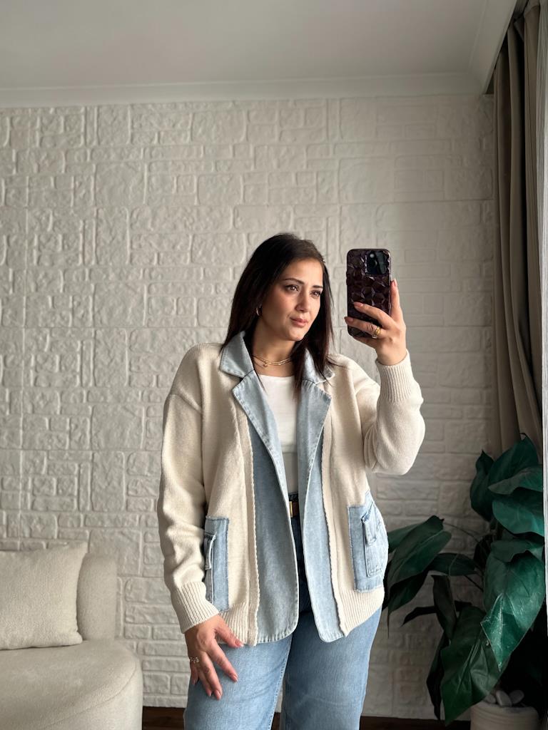 Jean Cep Yaka Detaylı Triko Ceket