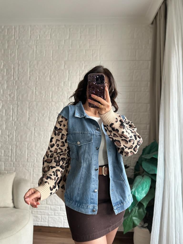Jean Detaylı Leopar Triko Ceket