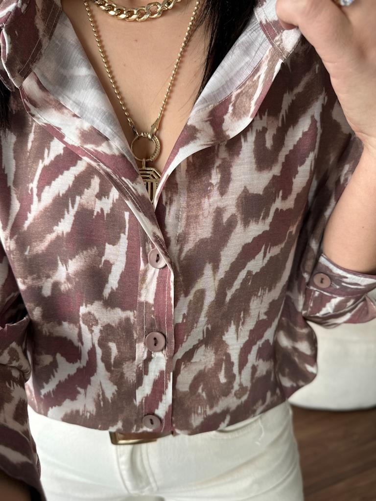 Kahve Bej Desenli Oversize Gömlek