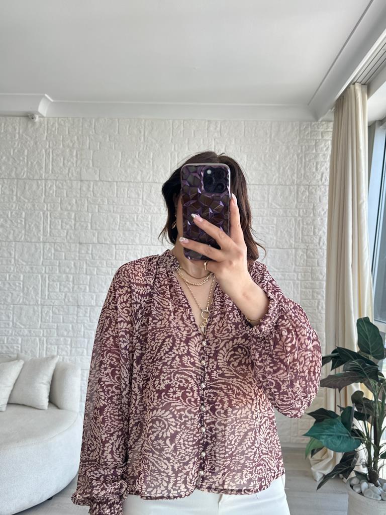 Kahve Desenli Şifon Gömlek Bluz