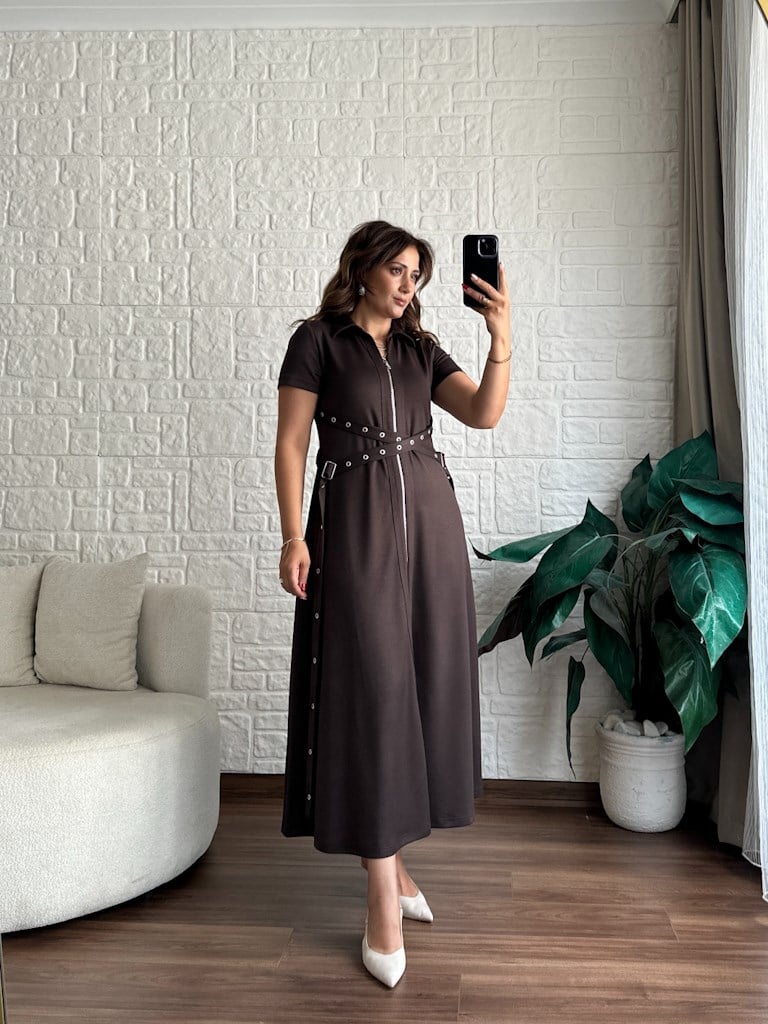 Kahverengi Fermuarlı Kuşgözü Model Modal Elbise