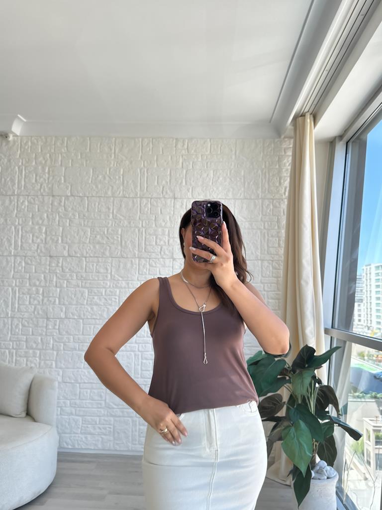 Kahverengi Kalın Askılı Dökümlü Premium Modal Atlet Bluz