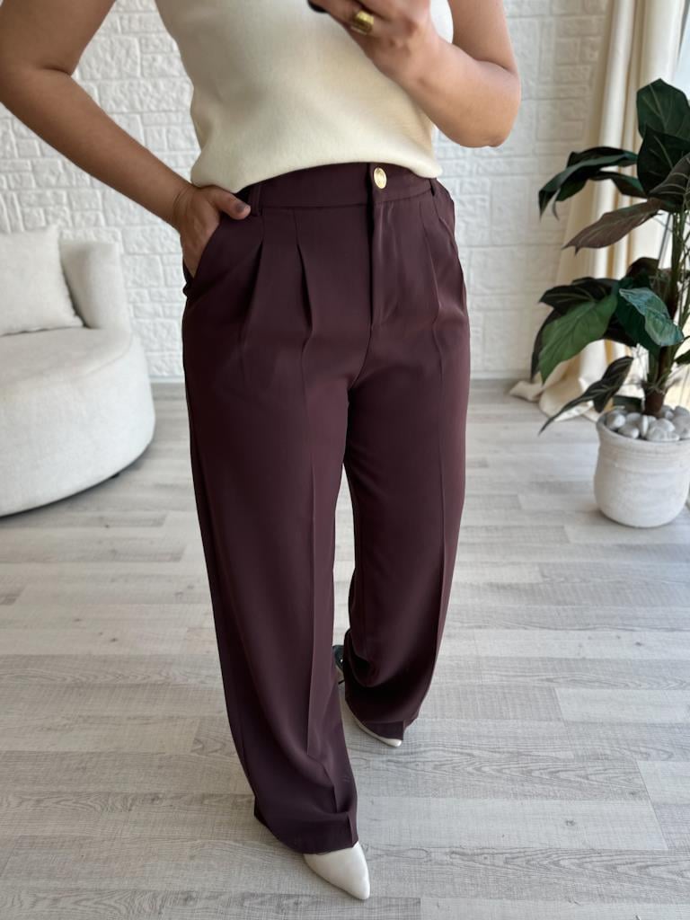 Kahverengi Karol Arka Bel Lastikli Gold Düğme Detay Palazzo