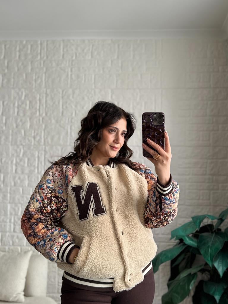 Kahverengi  Kolları Desenli Nakışlı Peluş Bomber Ceket