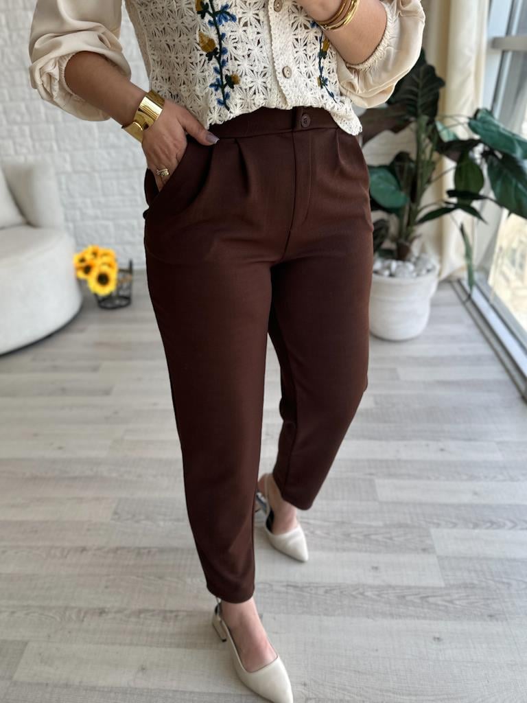 Kahverengi Krep Kumaş Beli Lastikli Likralı Havuç Pantolon