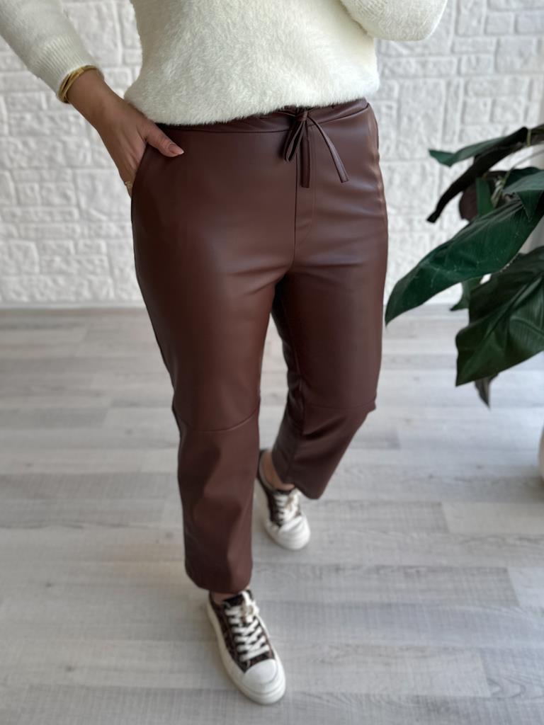 Kahverengi Marka Model Beli Lastikli Deri Pantolon