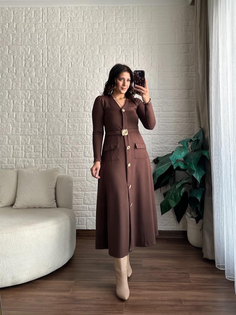 Kahverengi V Yaka Premium Modal Kumaş Düğmeli Elbise