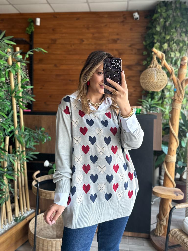 Kalp Desen Geniş Yaka Over Size Triko Kazak