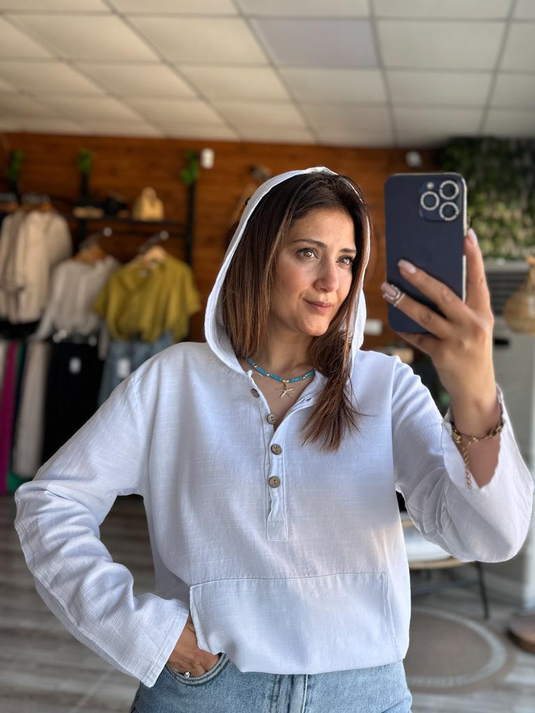 Kanguru Cep Ham Keten Kapşolu Gömlek Beyaz