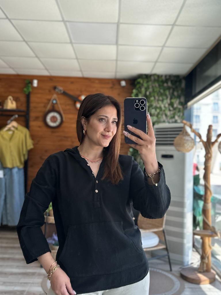 Kanguru Cep Ham Keten Kapşolu Gömlek  Siyah