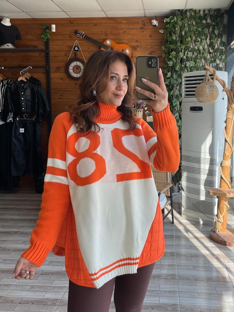 Kapitone Detay Boğazlı Triko Kazak Turuncu