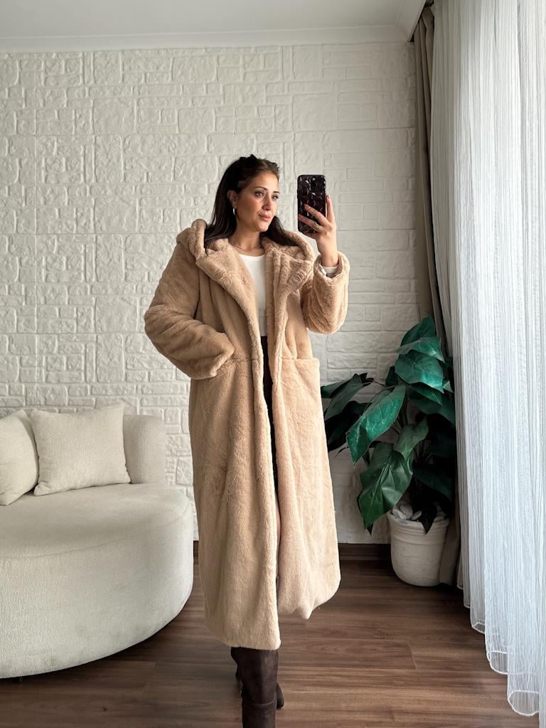 Kapşonlu Uzun Pelüş Kaban Açık Camel