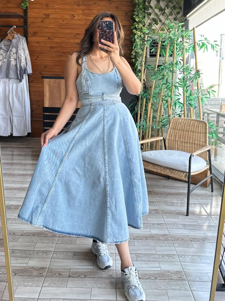 Kar Yıkama Midi Boy Bantlı Denim Elbise