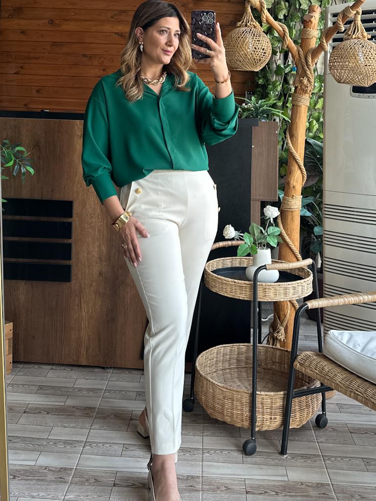 Karol Arka Bel Lastikli Düğme Detaylı Pantolon Krem