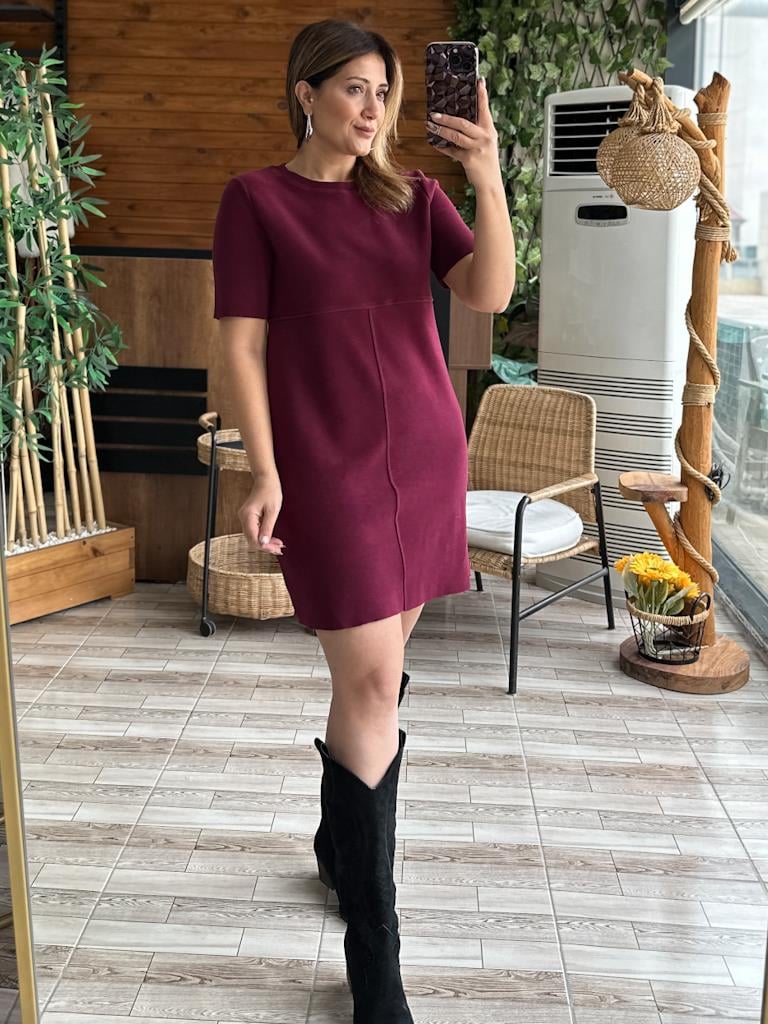 Karol Bisiklet Yaka Rahat Kalıp Selanik Çelik Triko Elbise Bordo