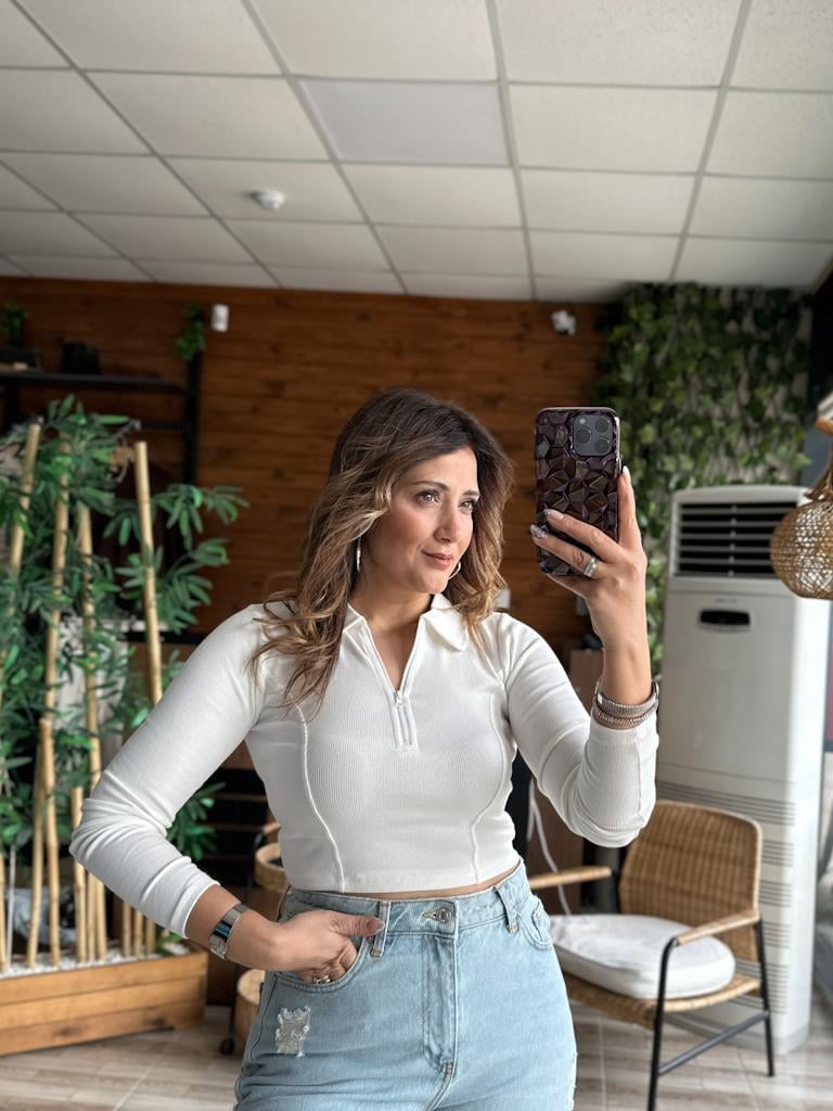 Karol Fermuarlı Likralı Kaşkorse Crop Bluz Ekru
