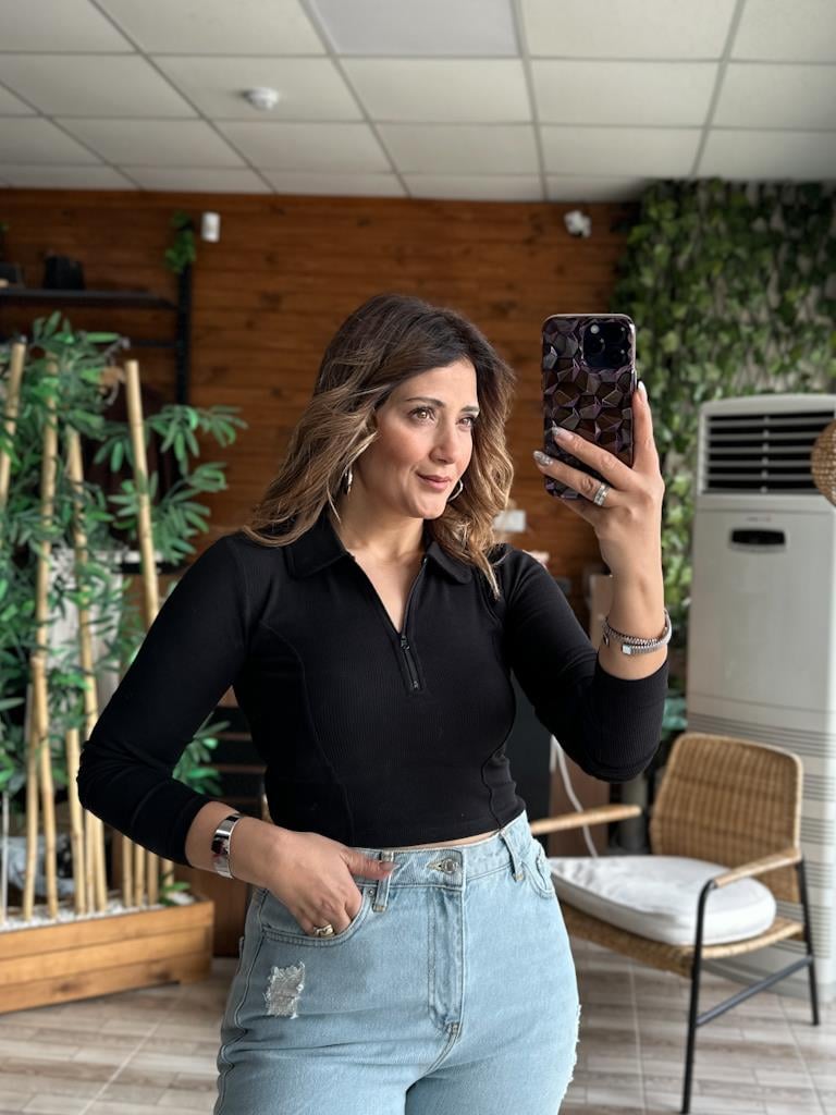 Karol Fermuarlı Likralı Kaşkorse Crop Bluz Siyah