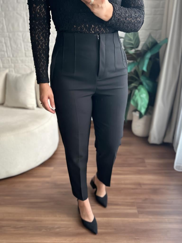 Karol Önü Flatolu Kumaş Pantolon Siyah