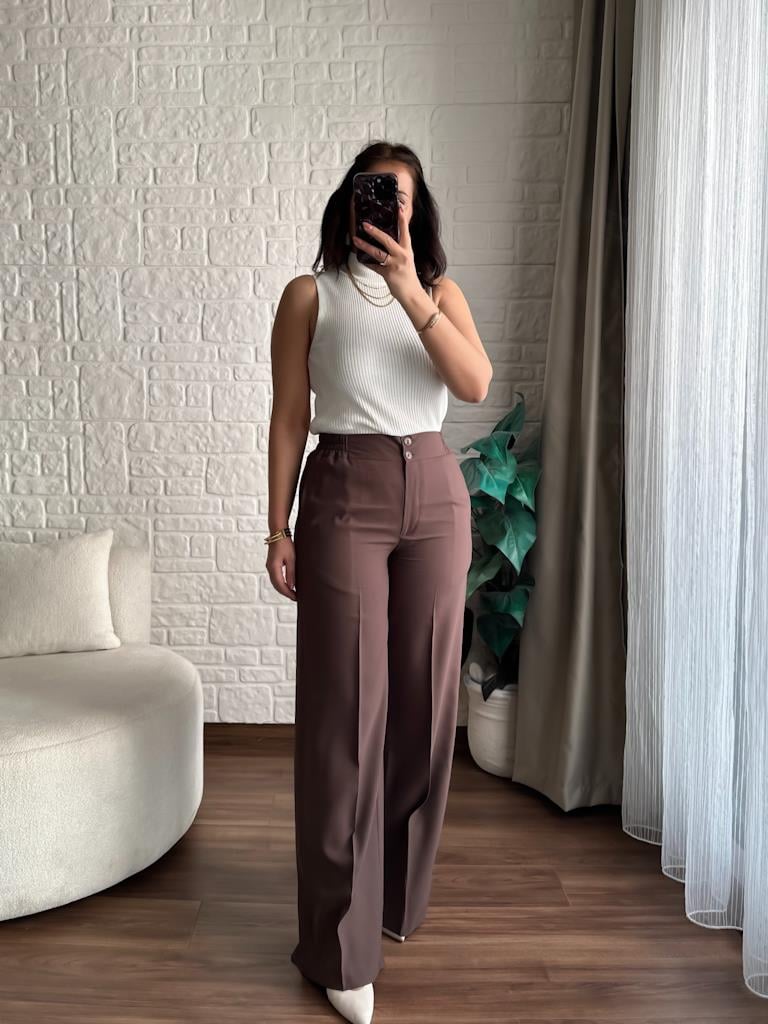 Karol Yandan Lastikli Kumaş Pantolon Kahverengi