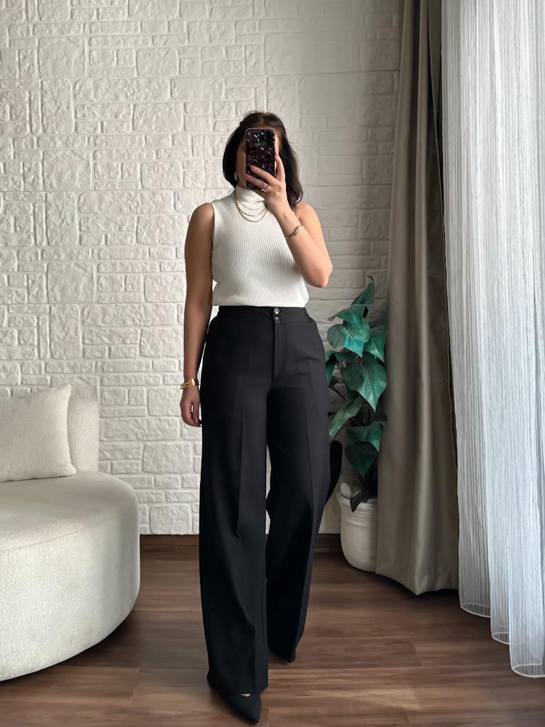 Karol Yandan Lastikli Kumaş Pantolon Siyah