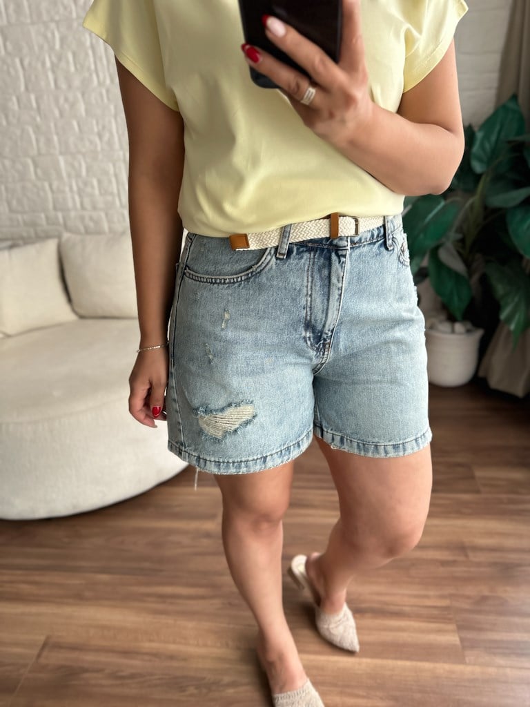 Kemerli Paça Dikişli Kot Şort Mavi