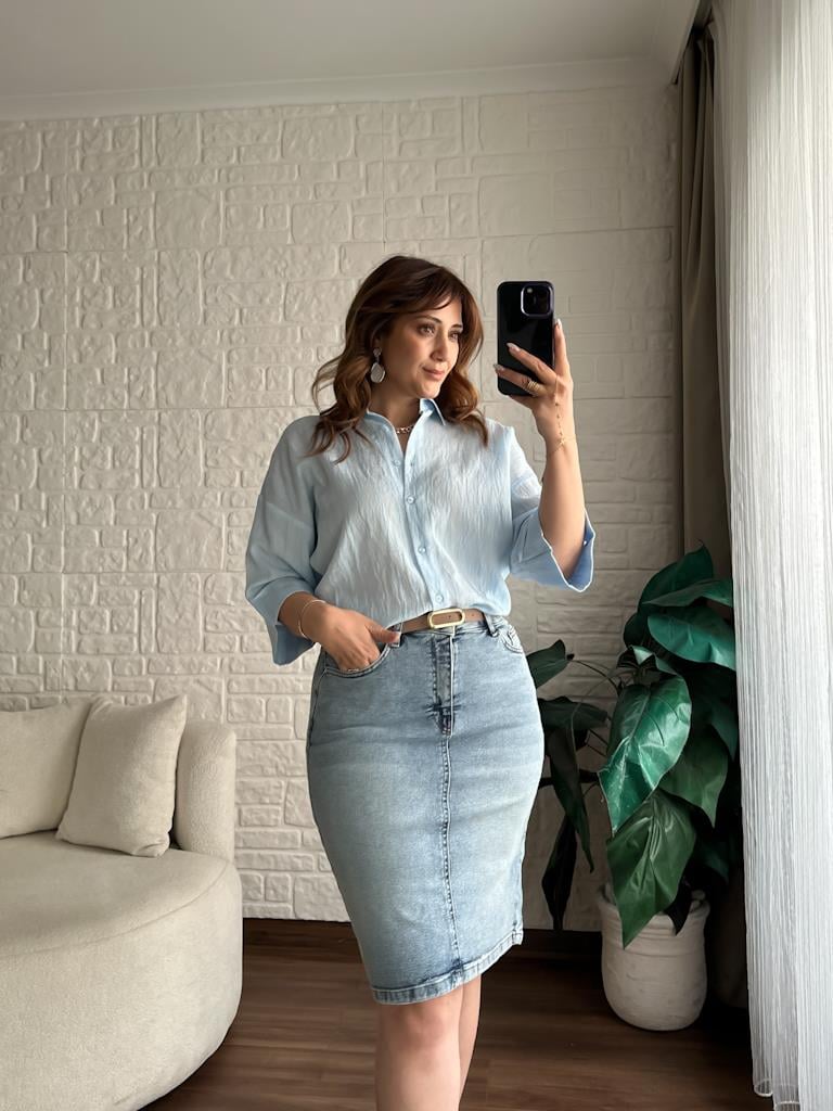 Kemerli Yüksek Bel Likralı Jean Etek Buz Mavi