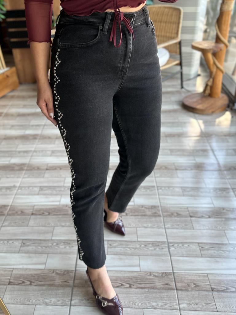 Kenar Taş Drop Detaylı Antrasit Mom Fit