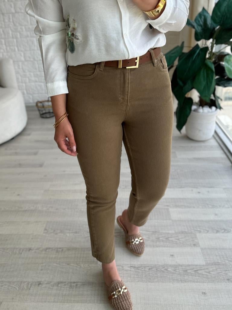 Kesik Paça Yüksek Bel Mom Fit Haki Yeşil