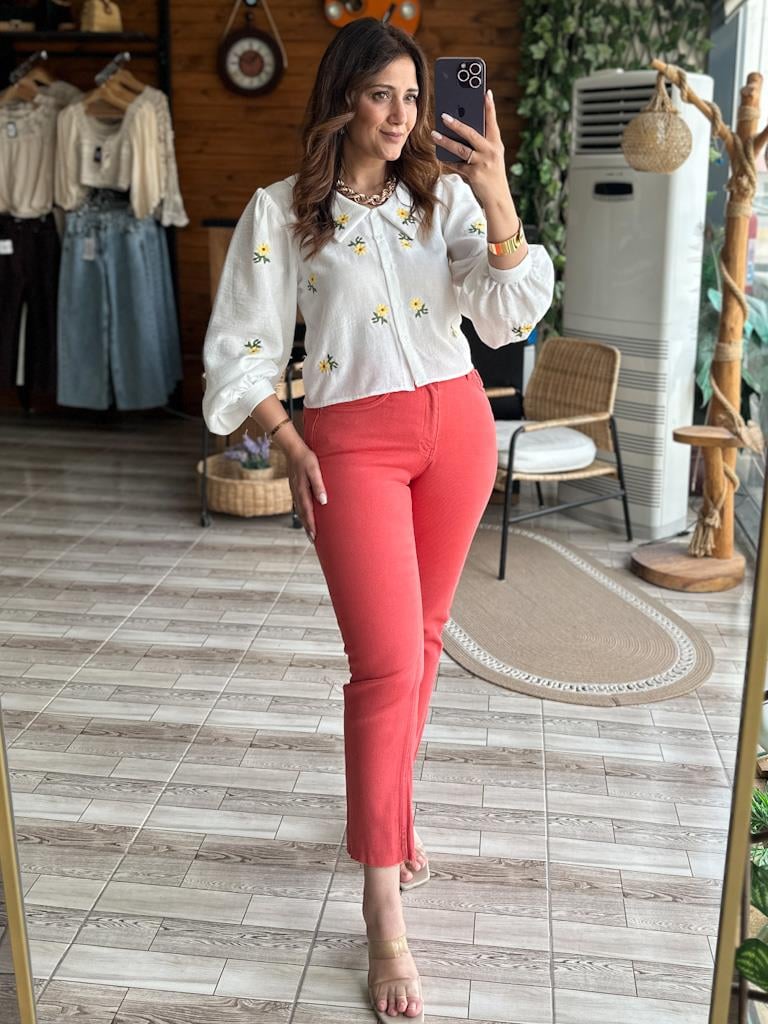 Kesik Paça Yüksek Bel Mom Fit Nar Çiçeği