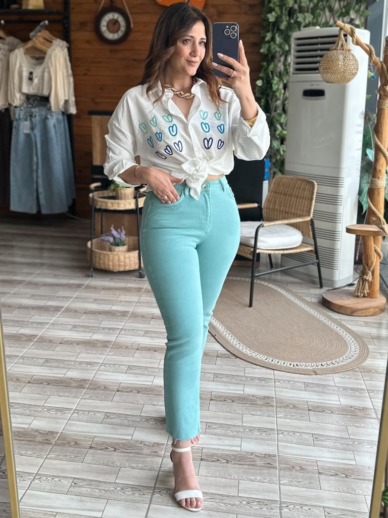 Kesik Paça Yüksek Bel Mom Fit Yeşil