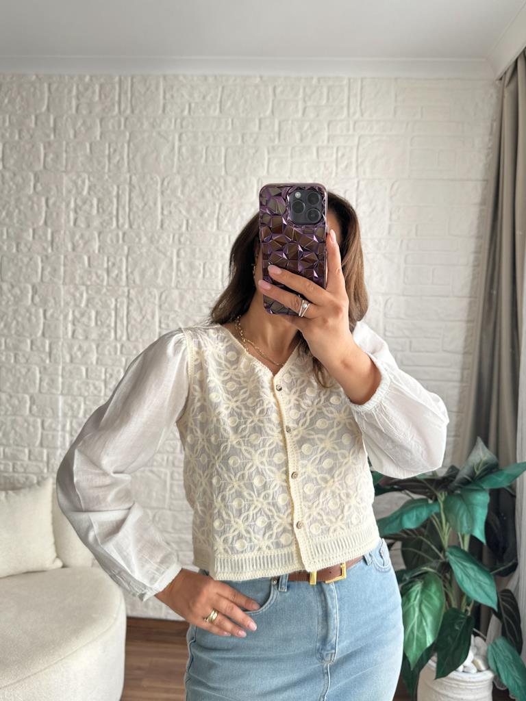 Keten Kol Arka Ön Süzene Nakış İşleme Bluz 6049