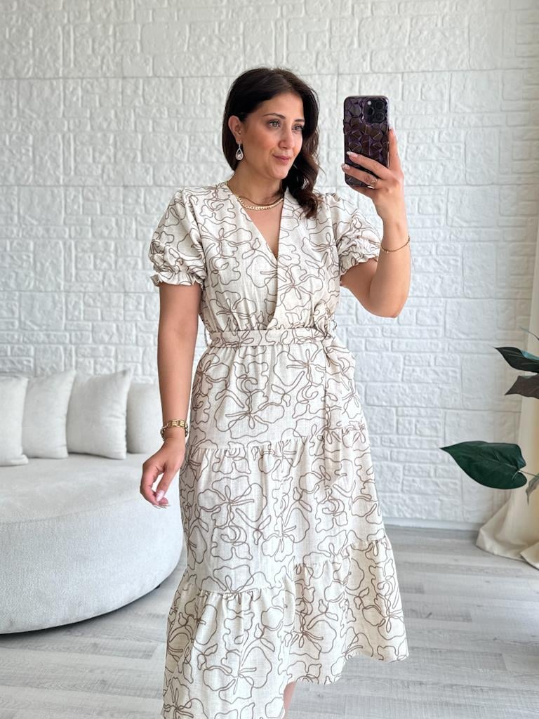 Keten Kruvaze Yaka Nakışlı Elbise