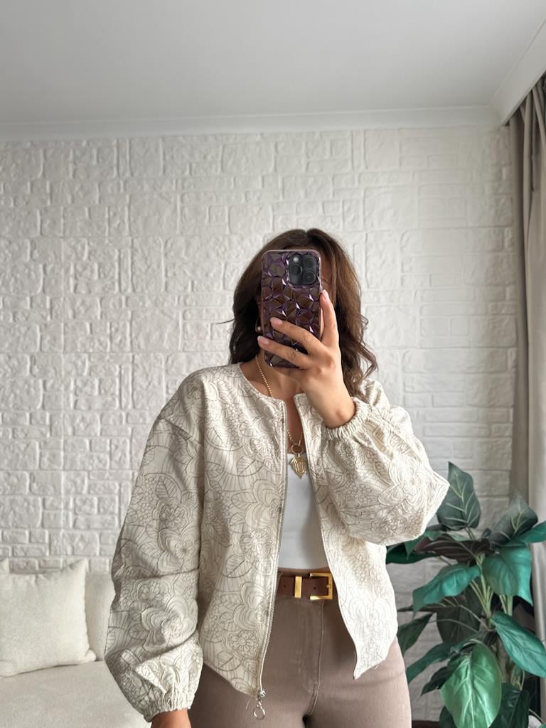 Keten Nakışlı Bomber Ceket Bej