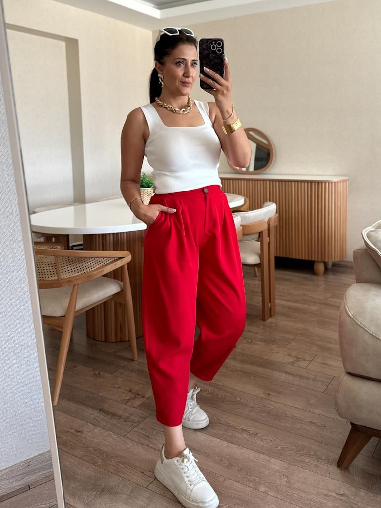 Kırmızı Beli Lastikli Şalvar Model Pantolon