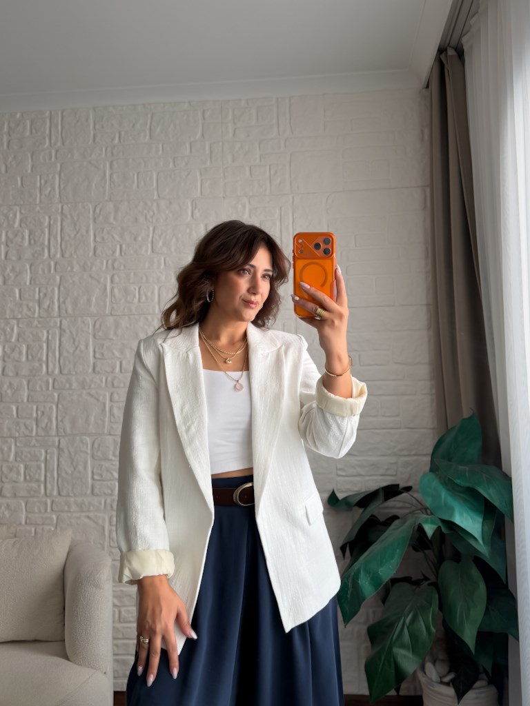 Kol Katlamalı Astarlı Keten Blazer Ceket Ekru