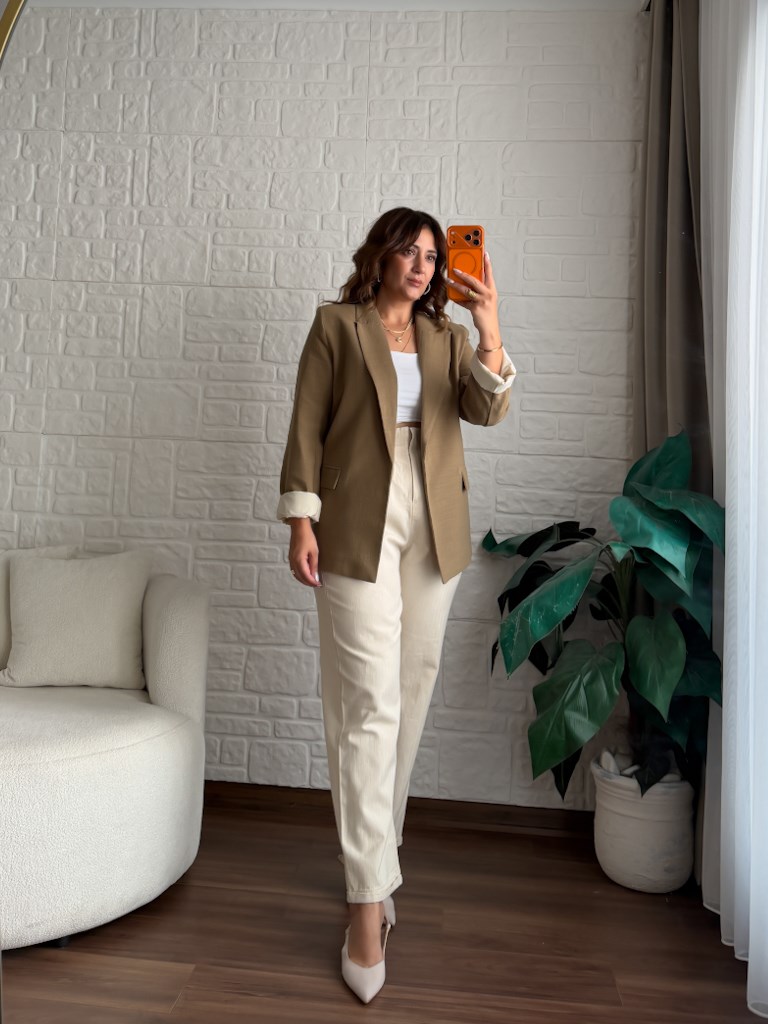 Kol Katlamalı Astarlı Keten Blazer Ceket Haki