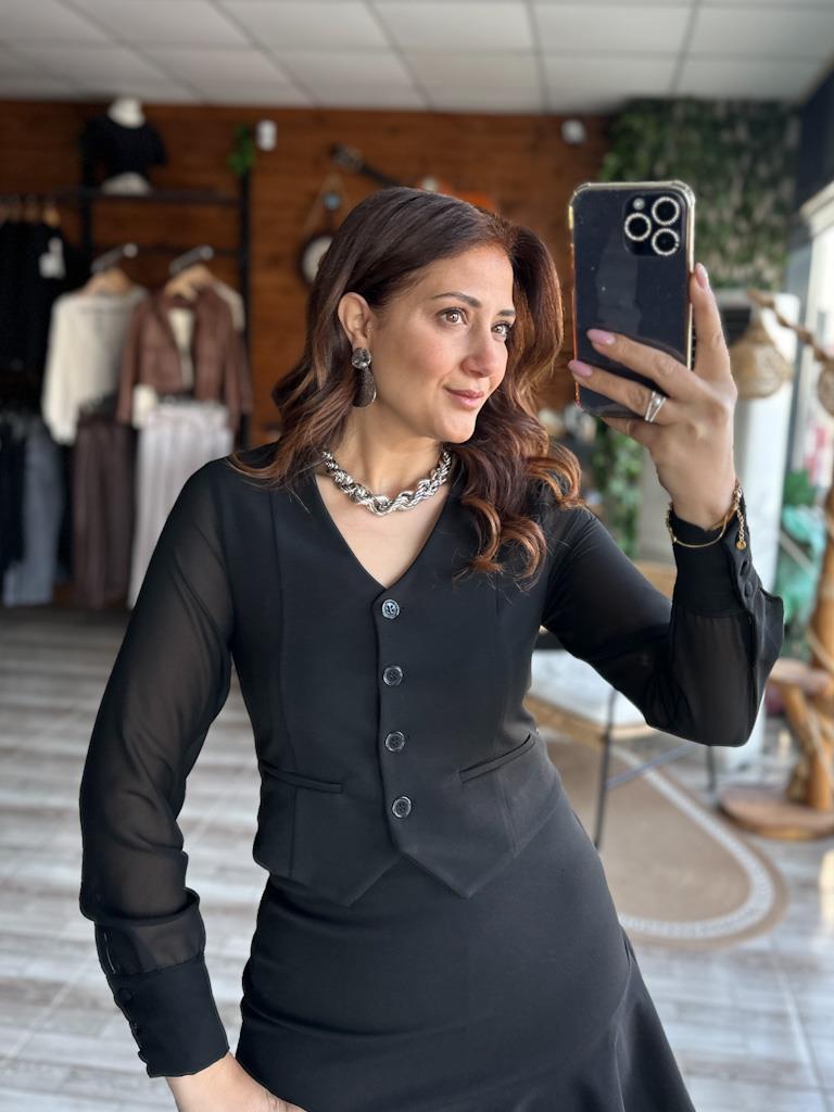 Kol Şifon Detay Yelek Bluz